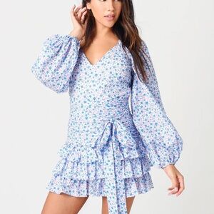 LoveShackFancy Blue and White Ruffled Wrap Dress